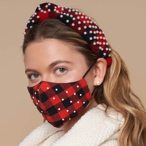 Lele Sadoughi red and white buffalo check with heat stamp pearls Face Mask - Picture 1 of 8
